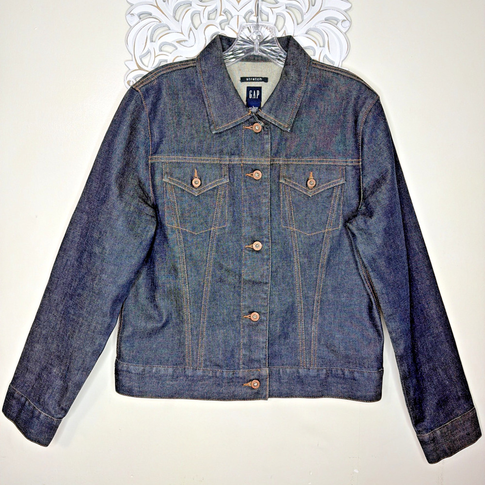 GAP Denim Stretch Jacket Women's size LARGE Made in Hong Kong Dark Wash Blue - Picture 2 of 12